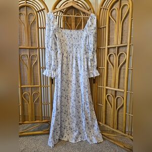 Reformation Linen Puff Sleeve Hyland Dress Blue Floral